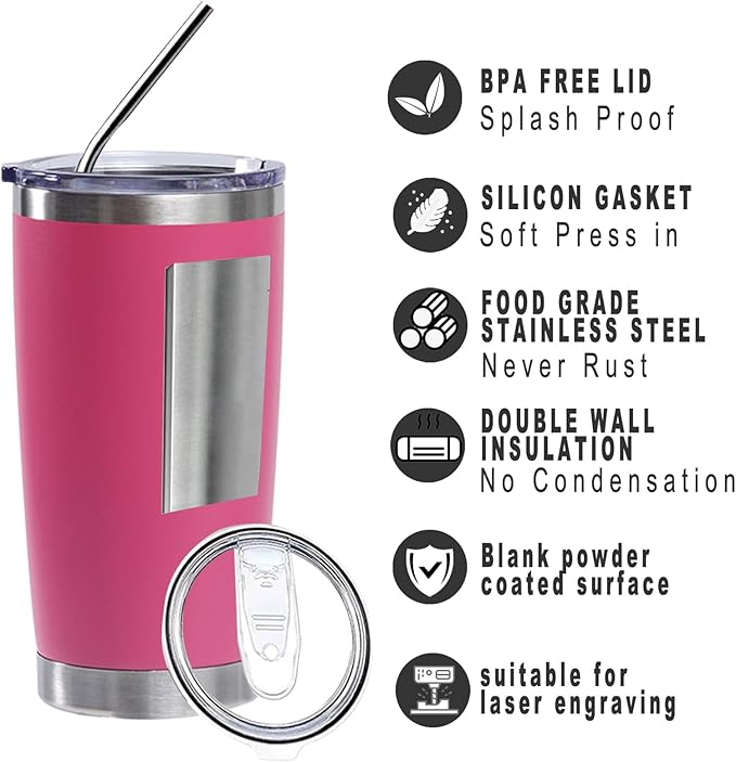 20oz insulted tumblers stainless steel cup Tumbler Bulk with push Lid, and metal straw powder coated coffee cup for cold and hot drinking (48, magenta) - Bloomnest