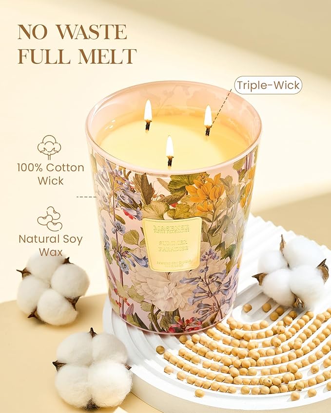 M&SENSE Citrus Water Flower Scented Candles, 35oz 150H Long Lasting, 3 Wick Soy Candles,Natural Aromatherapy Calm Stress Relief, Home Fragrance Housewarming Gifts - Bloomnest