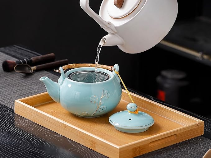 Japanese Tea Set with 1 Teapot(23 oz/660ml), 6 Tea cups(5.3 oz/150ml), 1 Tea Tray, 1 Stainless Infuser, Golden plum blossom relief,Chinese gungFu tea set (Golden plum-Blue) - Bloomnest