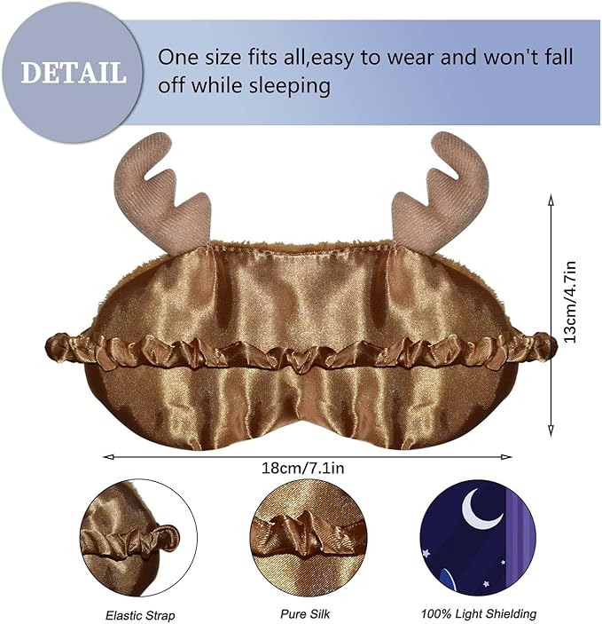 Christmas Reindeer Sleep Mask Cute Antler Eye Masks Sleeping Soft Plush Cartoon Blindfold Funny Animal Eye Cover Xmas Presents for Kids Girls and Adult (Xmas Reindeer,Brown) - Bloomnest