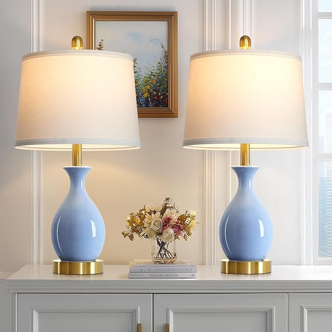 24″ Light Blue Ceramic Table Lamps Set of 2, Modern Classic Bedside Lamps for Bedroom Nightstand, Small Table Lamp for Living Room Side Table (2 LED Bulbs Included) - Bloomnest