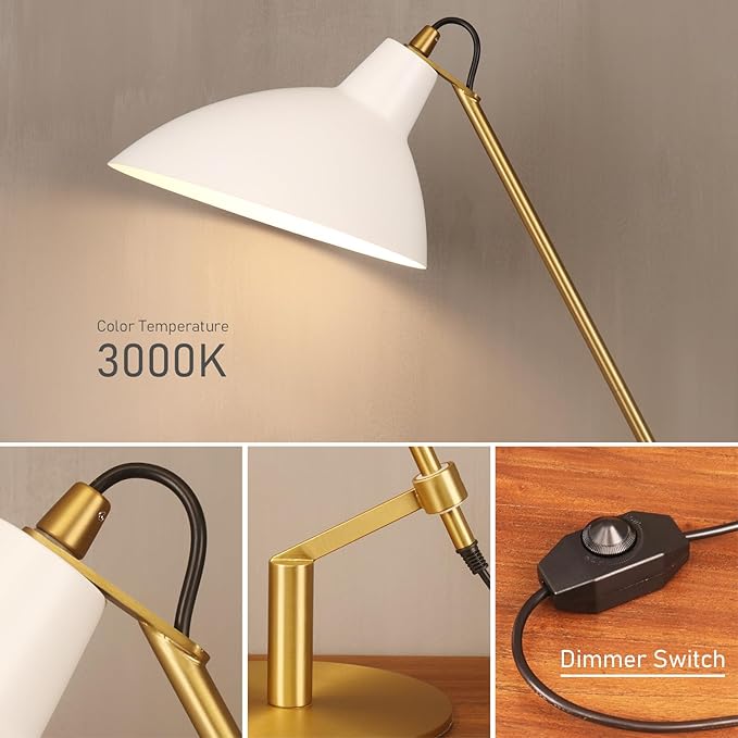 Desk Lamp Modern Industrial 100% Metal Table Lamp 22", Soft White Light (3000K) with Adjustable Switch, Ideal for Office Bedroom Study Room Living Room Nightstand Bedside Lamps White+Brass - Bloomnest