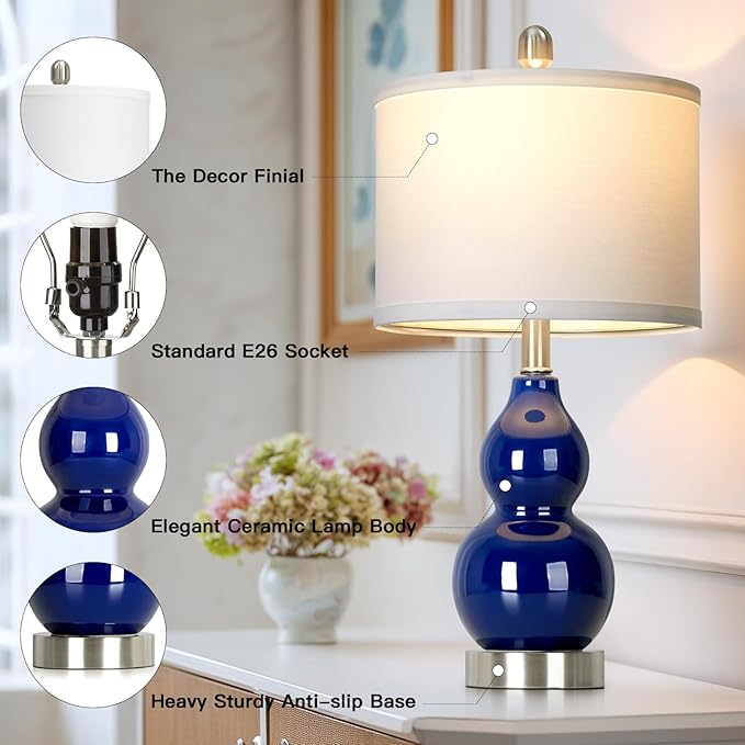 22" Double Gourd Ceramic Table Lamps Set of 2, Navy Blue Modern Bedside Lamps for Living Room, Contemporary Nightstand Desk Lamps for Bedroom End Table Home Office Decor(2 LED Bulbs Included) - Bloomnest