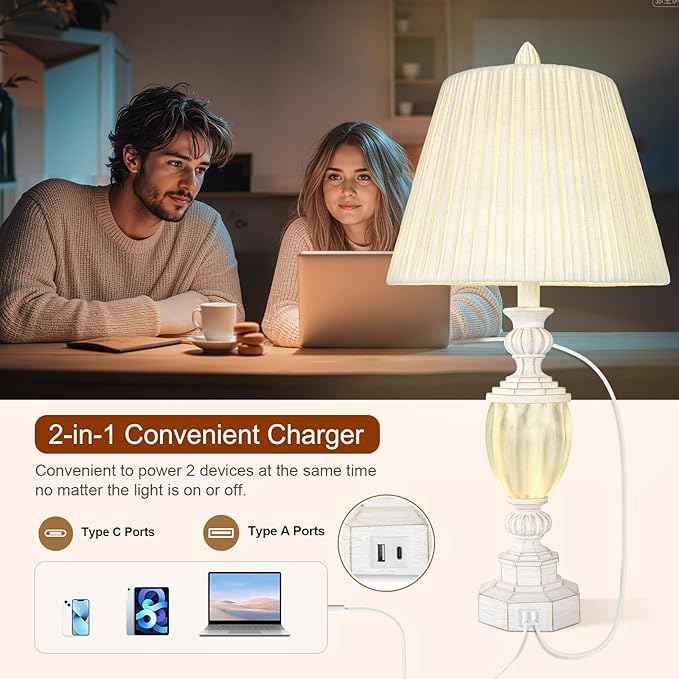 27" Rustic End Table Lamp Set of 2 with Night Light for Bedroom Living Room USB Charging Pots Farmhouse Bedside Lamp with Pleated Shade Boho Nightstand Lamps for Room Office Hotel Dorm(Bulb Included) - Bloomnest