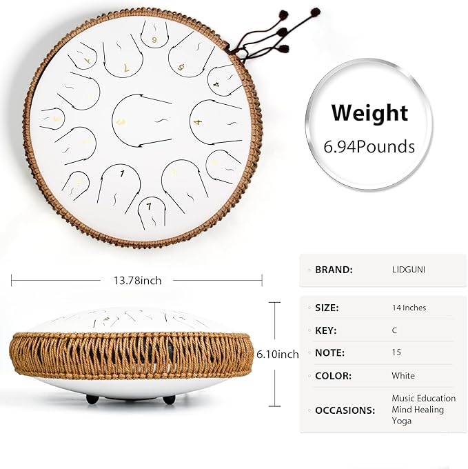 Steel Tongue Drum - 14 Inch 15 Note Tongue Drum - Hand Pan Drum with Music Book, Handpan Mallets and Carry Bag, C Major, White - Bloomnest