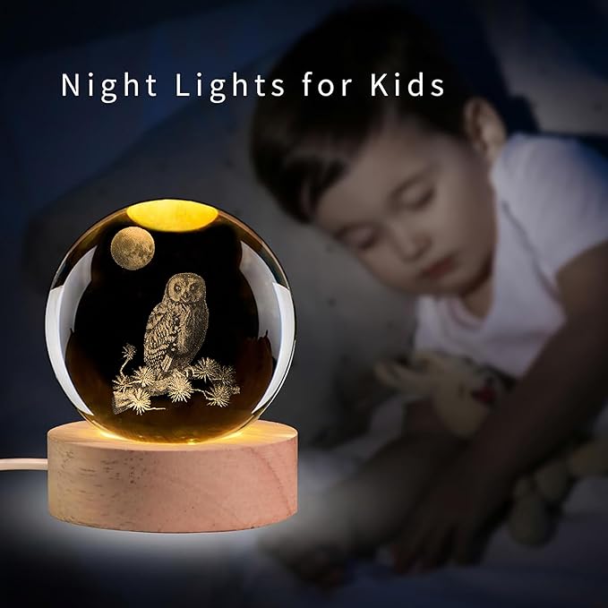 3D Laser Etched Owl Crystal Ball with LED Stand, Glass Owl Animal Figurine Lamp Night Light Gifts for Women Kids(2.4 in) - Bloomnest