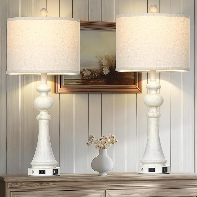 28" Farmhouse Table Lamps Set of 2, Vintage Bedside Lamps with USB A+C Charging Ports & AC Outlet, 3-Way Dimmable Touch Control Nightstand Lamp for Living Room Bedroom Wash White(2 LED Bulbs Included) - Bloomnest