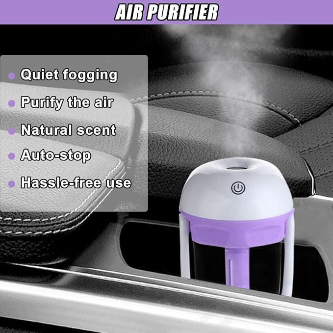 Car Humidifier, Portable Mini Aromatherapy Essential Oil Diffuser, 180-Degree Rotation Cool Mist Humidifier, Vehicle Air Freshener Diffuser with 12V Charging Port for Home Office (Purple) - Bloomnest