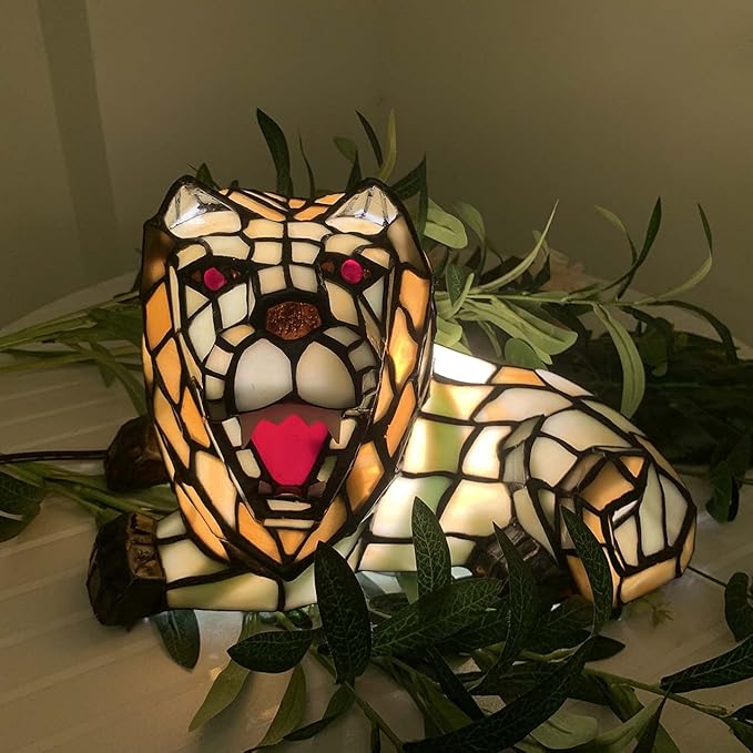 Bieye L10828 Roaring Lion Table Lamp Tiffany Style Stained Glass Accent Night Light for Children's Room Nursery Home Décor - Bloomnest