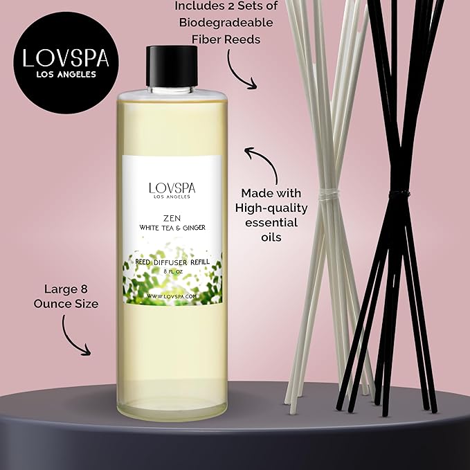 LOVSPA Zen White Tea & Ginger Diffuser Oil - Essential Oils for Diffuser Refill & Air Freshener Room Spray - Long-Lasting & Natural Home Fragrance, Scented Oil for Diffusers, USA Made, 8 oz - Bloomnest