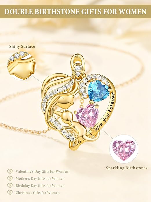 14K Gold Double Birthstone Heart Necklace for Women Mom, Mother Son/Daughter Pendant Necklace for Christmas Mother's Day Birthday Gifts for Wife Daughter Grandmom - Bloomnest