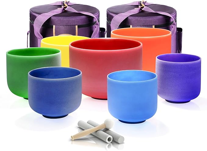 TOPFUND 7-12 inch 440Hz Chakra Set of 7 Color Crystal Singing Bowls with Carrying Cases and Mallets