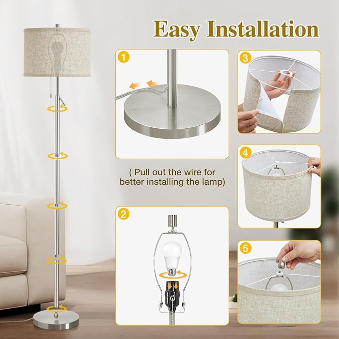 GyroVu Silver Floor Lamp, Height Adjustable Standing Lamp Tall Lamp with Fabric Lampshade&Pull Chain Corner Floor Lamps for Living Room, Bedroom & Office Bulbs Not Included(Silver) - Bloomnest