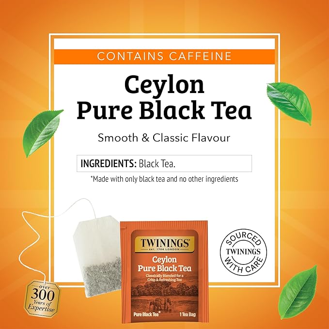 Twinings Ceylon Pure Black Tea Individually Wrapped Bags, 20 Count (Pack of 6), formerly Ceylon Orange Pekoe, Crisp, Refreshing, Caffeinated, Enjoy Hot or Iced, 120 Teabags - Bloomnest