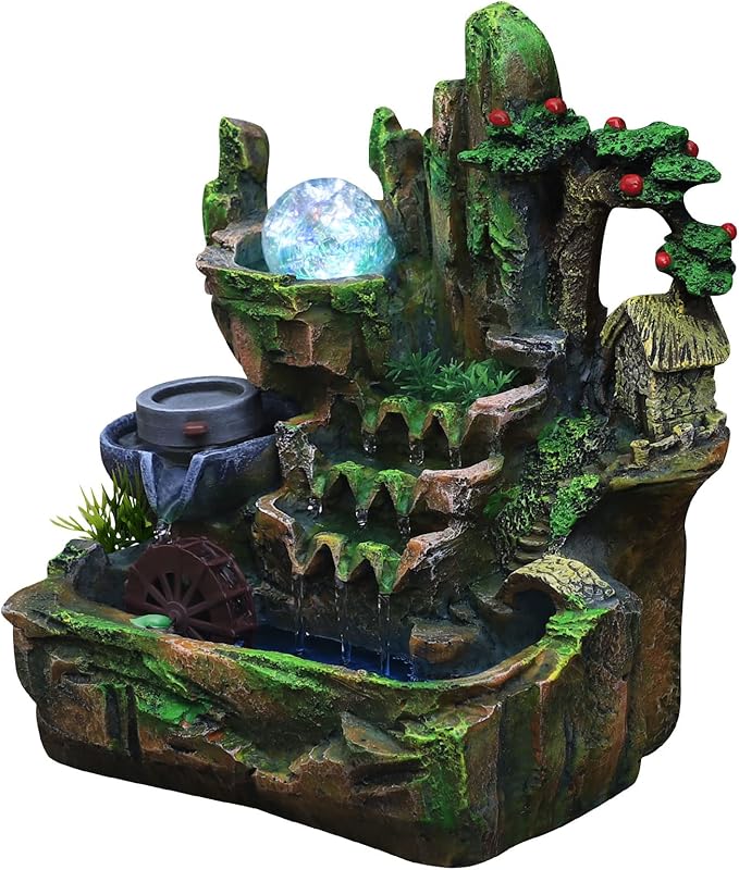 110V Indoor Relaxation Desktop Fountain Waterfall with Rockery & LED Colorful Lights Indoor Relaxation Resin Ornament, Small Tabletop Decor Fountain Rockery for Office, Home, Bedroom Desk Decoration