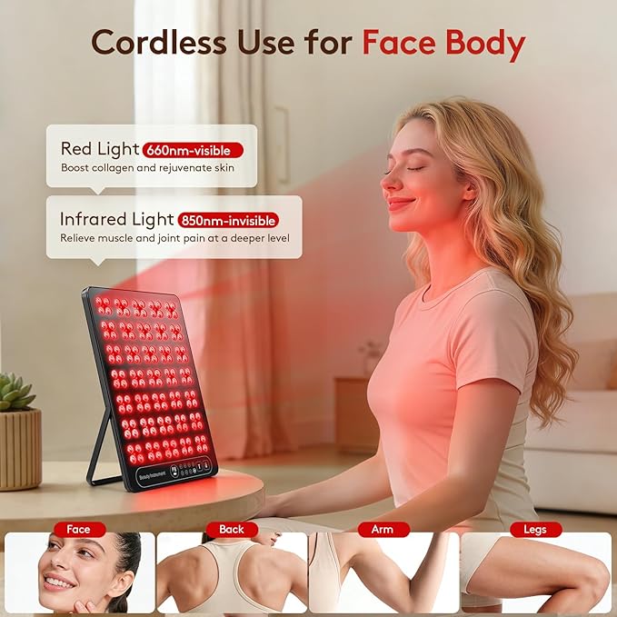 Red Light Therapy for Face Body: 660nm & 850nm Cordless Red Light Therapy Panel with Adjustable Stand - Red Infrared Light Panel with 3 Brightness Levels & Auto Off XKETA