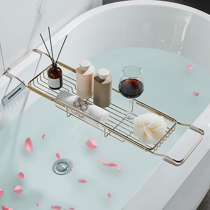 Stainless Steel Bathtub Caddy Tray, Expandable Bathtub Holder Table, Adjustable Bathroom Tray, Bath Organizer Tub Shelf,Gold,26.8~35.4in - Bloomnest