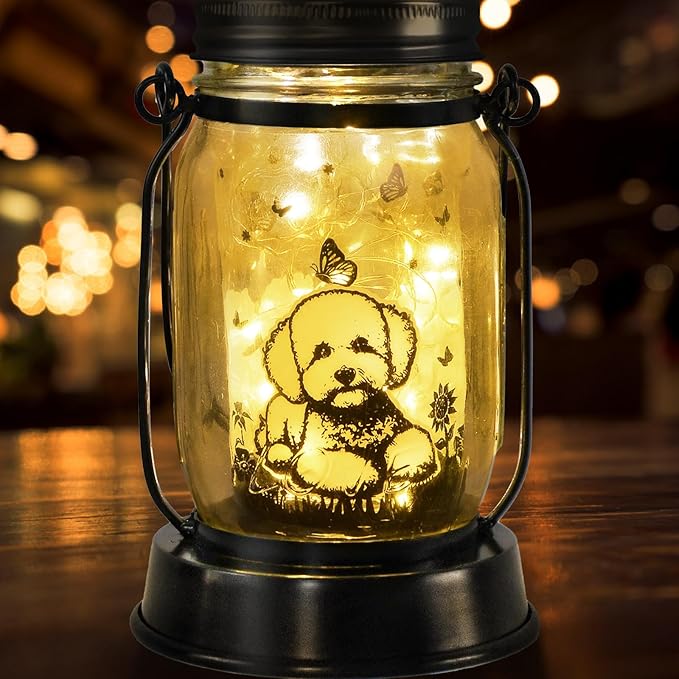 Bichon Dog Gifts for Women/Men Bichon Frise Solar Lanterns Birthday Dog Lovers Lantern Pet Loss Dog Memorial Lights Solar Garden Decoration for Yard, Patio,Backyard,Porch Torches Light - Bloomnest
