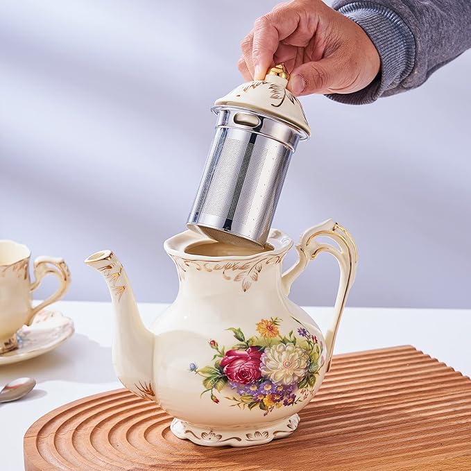 YOLIFE Vintage Teapot, Ivory Ceamic Tea Pot with Infuser, Floral Teapot with Gold Leaves Trim Design - 25oz /3 Cups - Bloomnest