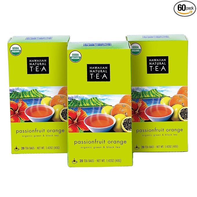 Hawaiian Natural Tea Passion Fruit Orange Flavored Organic Tea - Tropical Fruit Green Tea Blend with Black Tea - Perfect Daily Cup & Gift for Tea Lovers - 60 Tea Bags - Bloomnest