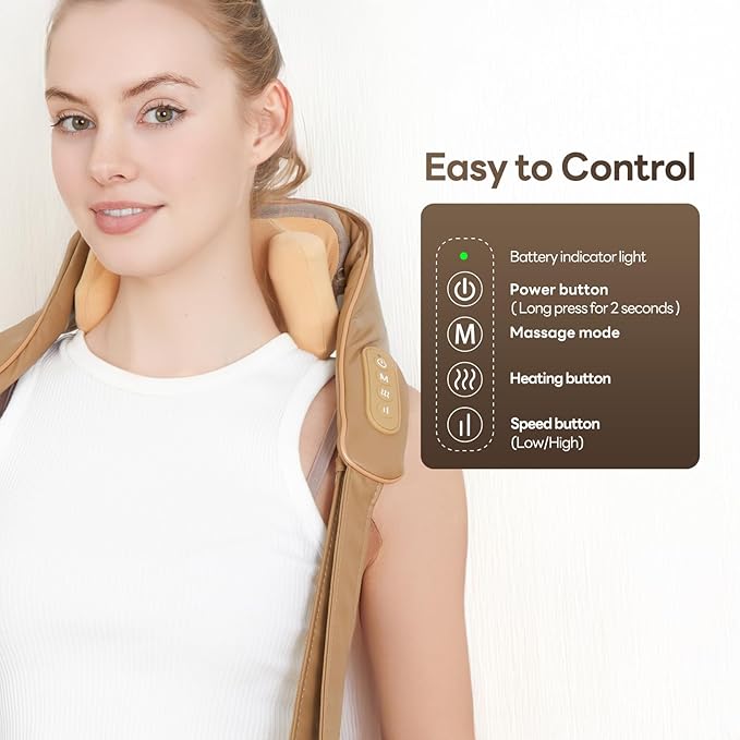 Neck Massager for Pain Relief Deep Tissue with Heat -Cordless Shiatsu 6D Kneading Massage for Neck,Shoulder,Gifts for Mom/Dad（PU-Yellow Brown）
