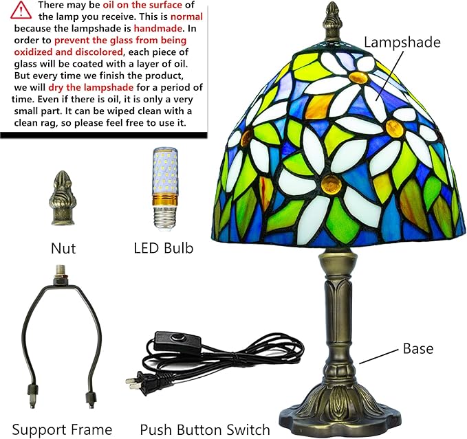Small Stained Glass Lamp,8 Inch White Flower Tiffany Style Table Lamp for Bedside, Living Room - Bloomnest
