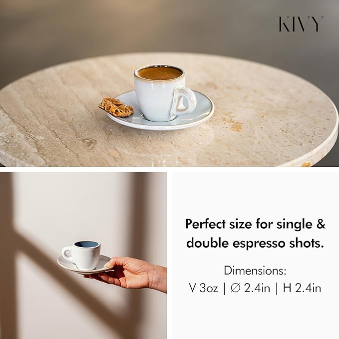 KIVY 3 oz Espresso cups set of 4 - Thick walled stoneware espresso cup set - Italian style espresso cups and saucers - Expresso shots cup - Small coffee mugs and saucers - Blue - Bloomnest