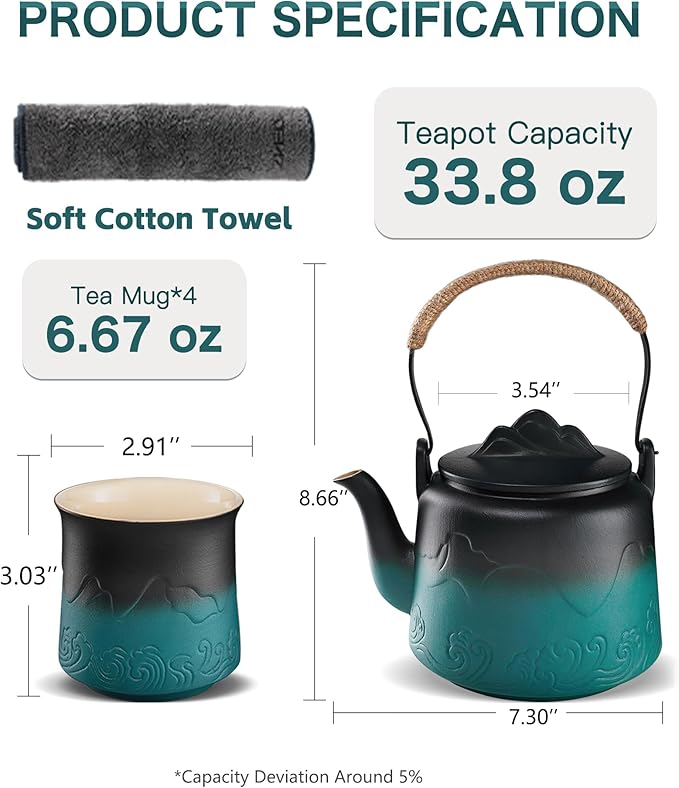 ZENS Vintage Japanese Tea Set, Gradient Embossed Ceramic Japanese Teapot with 4 Teacups, Hemp Rope Handle 33.8 oz Loose Leaf Teapot with Built-in Strainer for Tea Steeper Gifts, Black & Green - Bloomnest