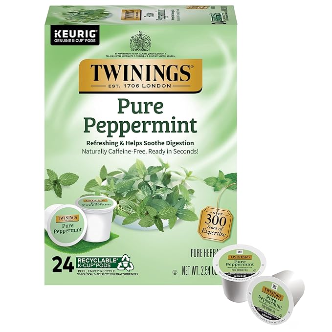 Twinings Pure Peppermint Herbal Tea K-Cup Pods for Keurig, 24 Count (Pack of 1), Made with 100% Pure Peppermint, Naturally Caffeine-Free, Enjoy Hot or Iced - Bloomnest