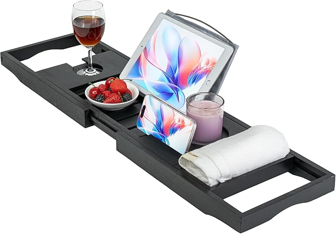 Utoplike Bamboo Bathtub Tray Caddy, Black Bath Tray Table for Tub, Adjustable Bathroom Organizer with Book Tablet Wine Glass Cup Towel Holder - Bloomnest