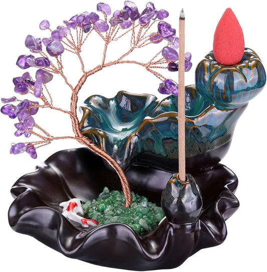 Jovivi Backflow Incense Burner Ceramic Incense Waterfall, Natural Amethyst Healing Crystal Money Tree Incense Holder for Wealth, Good Luck, Yoga Meditation, Home Decor - Bloomnest