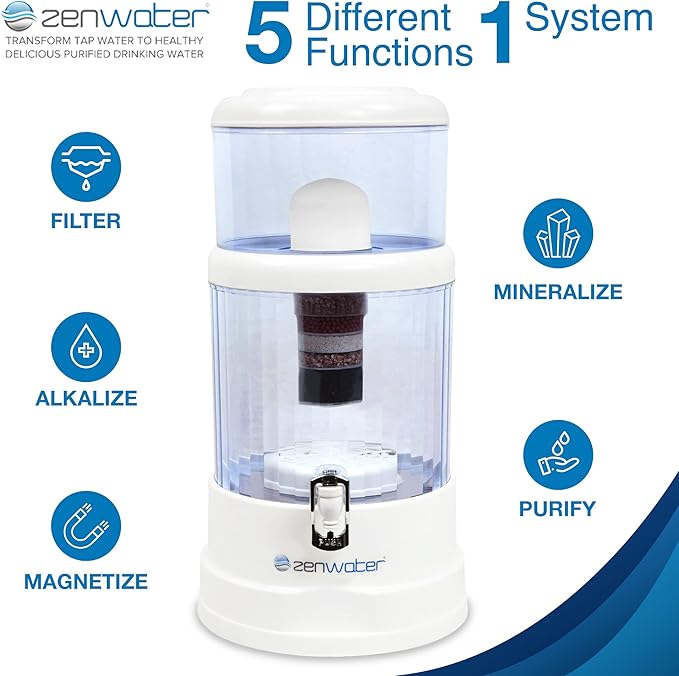 ZENWATER 6-Gallon Countertop Gravity Water Filter System - Portable Alkaline Filtration System - Enjoy Clean and Mineral-Rich Hydration at Home, Office, or Travel - Bloomnest