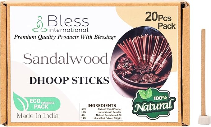 Bless-International Sandalwood-100%-Natural-Incense-Bambooless-Dhoop-Sticks Handmade-Organic-Chemicals-Free for-Purification-Relaxation-Positivity-Yoga-Meditation The-Best-scents-4.5-Inches-20-Sticks BlessInternational