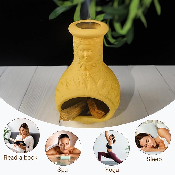 Palo Santo Burner Holder,Yellow Mini Chiminea with Chimney Handmade Smudge Bowl fits sage, Incense Cones, Sticks, Small Candle; with ash Collection. Great for Zen Meditation, Altar Fireplace - Bloomnest