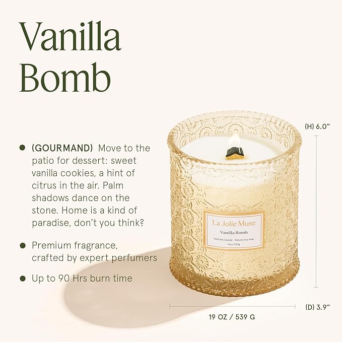 LA JOLIE MUSE Vanilla Bomb Candle| Vanilla, Lemon Zest & Patchouli |19 oz Large Wooden Wick | Natural Soy Wax | 90 Hours Clean Burn | Gift-Ready for Hosts | Seasonal Home Décor - Bloomnest