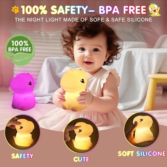Night Light for Kids, 7 Color Changing BPA-Free Silicone Lamp with Touch Control, Eye Protection, Rechargeable Battery, Soft & Safe Nursery Lamp for Boys & Girls (Dinosaur) - Bloomnest