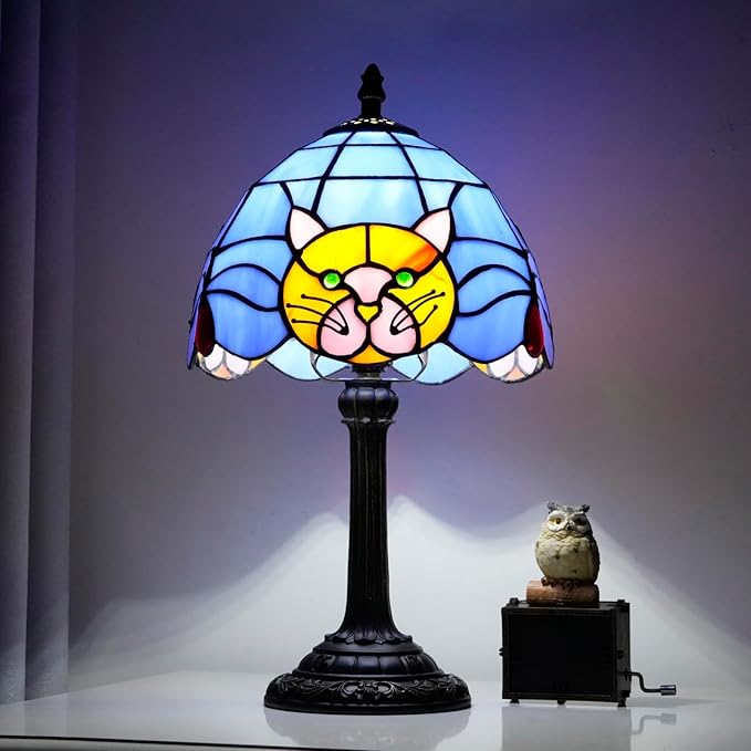 Tiffany Lamp Cat Stained Glass Table Lamp 8 Inch Orange Warm Ambient Lighting Bedroom Small Nightstand Dorm Cafe Office Corner Vintage Home Decoration Tiffany Style Table Lamp Blue cute Cat Lamp - Bloomnest