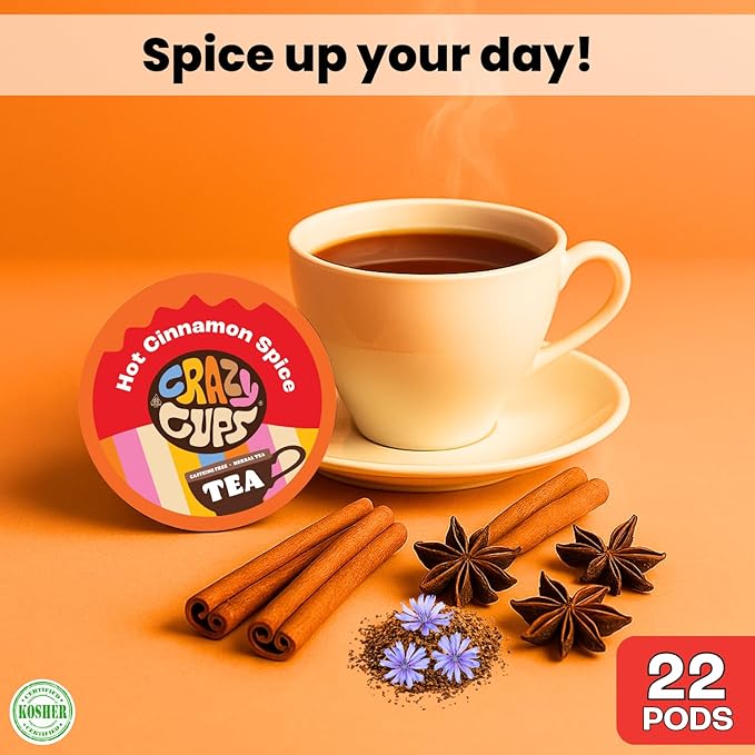 Crazy Cups Hot Cinnamon Spice Herbal Tea Pods, 22 Count | Caffeine Free, Kosher Certified, Warming Cinnamon & Star Anise Blend, K Cup Compatible Pods, Bold Spiced Flavor, Gluten Free, Vegan - Bloomnest