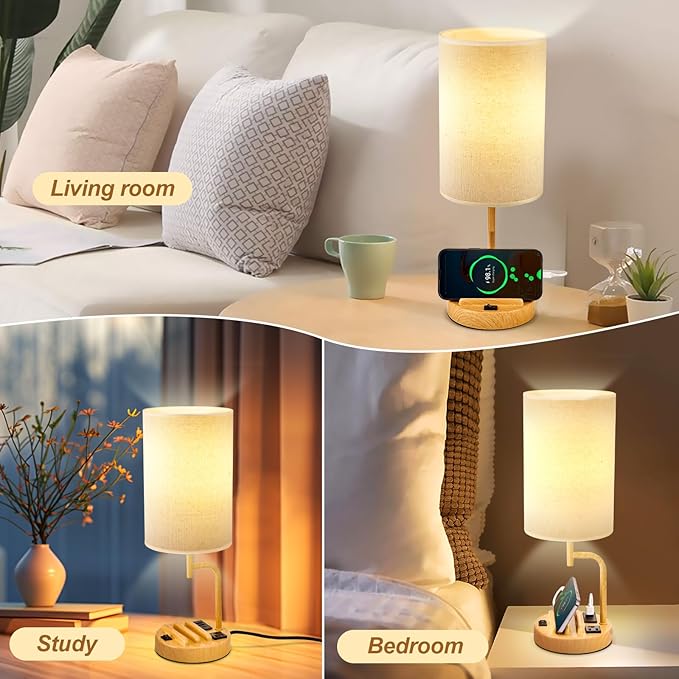 Dreamholder Table Lamp with 3 USB Charging Ports, Modern Desk Lamp with AC Outlet and Phone Stands, Perfect Bedside Lamp for Bedroom, Living Room, Office (Pack of 2) - Bloomnest