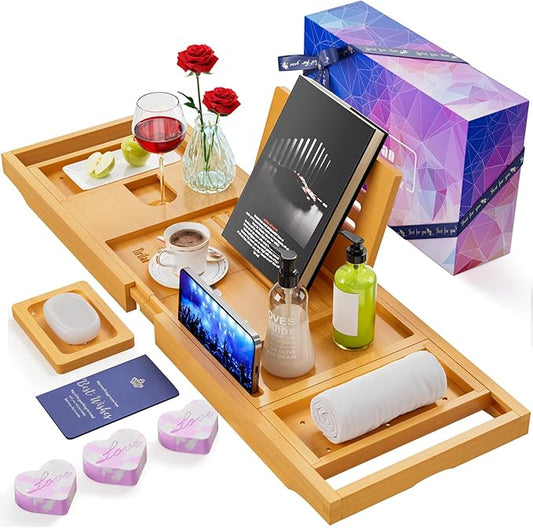 Yirilan Lux Expandable Bathtub Tray Caddy with 3 Bath Bombs-Self Care and Relaxation Birthday Gifts for Women and Men, Housewarming Gift Idea, for Mom Sister Daughter Wife - Bloomnest