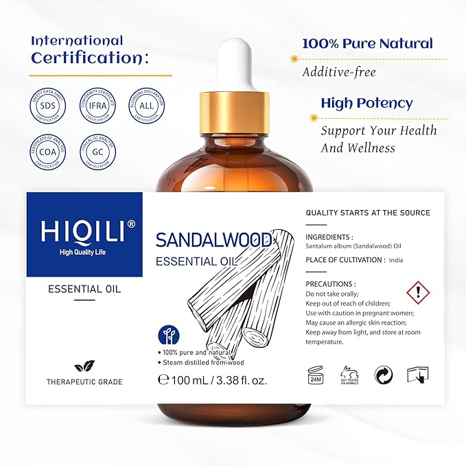 HIQILI Sandalwood Essential Oils, Long-Lasting Scent for Perfume, Diffuser, Soap Making & Candle- 3.38 Fl Oz - Bloomnest
