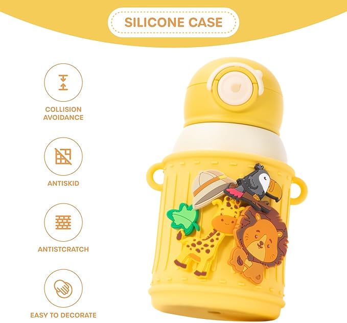 Kids Insulated Tumbler Set – 16oz Stainless Steel Water Bottle with Straw & Pour Lids, Screw-On Cup, Adjustable Strap, Silicone Sleeve & Charms – Leakproof BPA-Free Bottle for Boys & Girls - Bloomnest