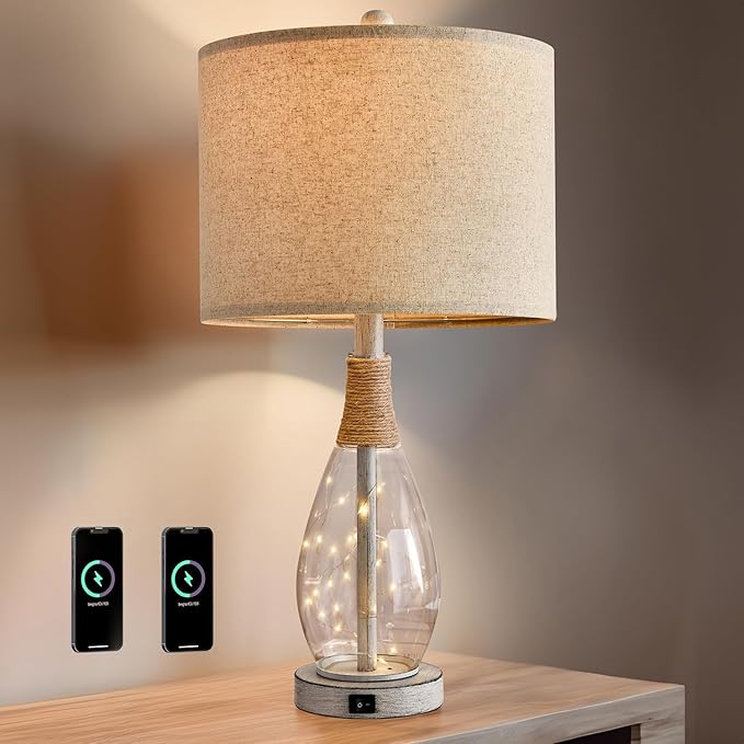 OYEARS 23" USB A+C Table Lamp for Bedroom Living Room Modern Bedside Lamps Retro Farmhouse Rattan Glass Nightstand Nightlight Lamps (White),Two Light Points - Bloomnest