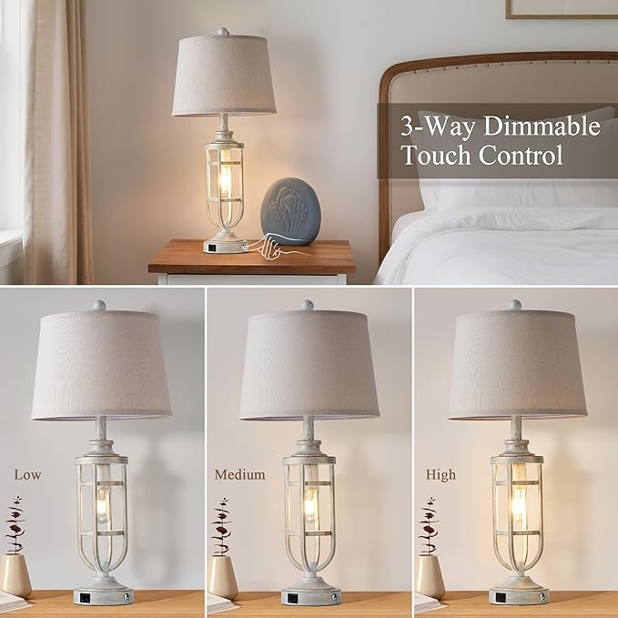 28" Table Lamps for Living Room Set of 2, Farmhouse Touch Lamps for Nightstand with USB A+C, Vintage Bedside Lamps for Bedroom End Tables, Bulbs Included - Bloomnest