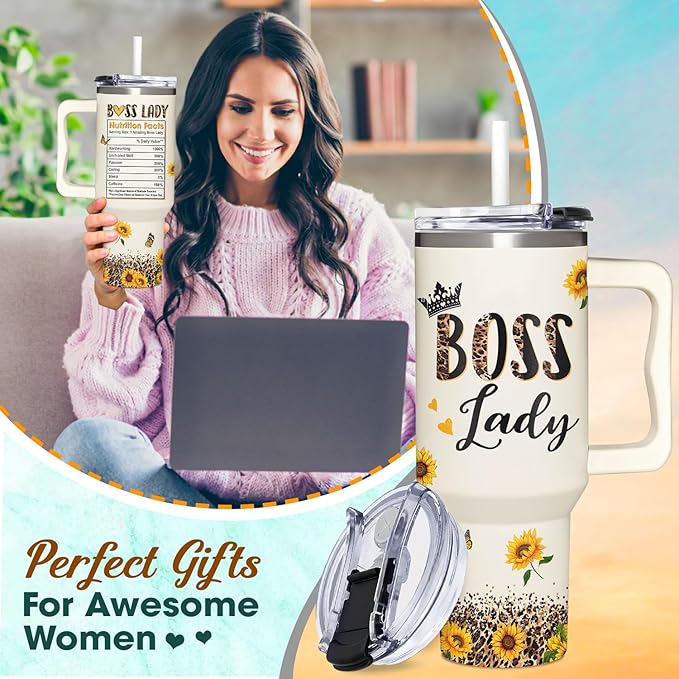 Boss Lady Tumbler 40oz with Handle - Sunflower Gifts for Women, Administrative Professional Day, Christmas - Thank You Gift for Manager - Bloomnest