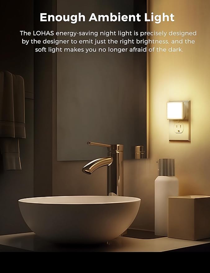 L LOHAS LED Night Lights Plug into Wall 2-Pack, 0.3W Plug in Night Light, Dusk to Dawn, 3000K Soft White, Bright Nightlight Auto-On/Off, for Adults Kids Room Bedroom Bathroom Hallway Kitchen, Non-Dim - Bloomnest