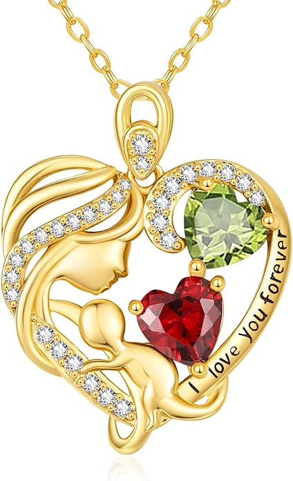 14K Gold Double Birthstone Heart Necklace for Women Mom, Mother Son/Daughter Pendant Necklace for Christmas Mother's Day Birthday Gifts for Wife Daughter Grandmom - Bloomnest