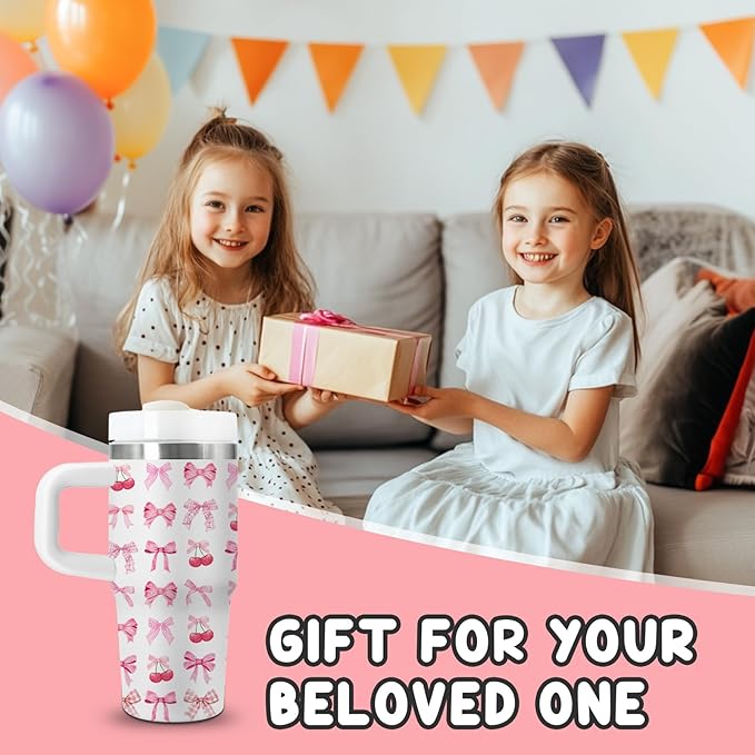 Bow Gifts for Girls - 14oz Pink Kids Bowknot Themed Tumbler with Handle and Straw, Stainless Steel Insulated Water Cup, for Sport, School, Travel - Cute Pink Bow Themed Children Birthday Gift Cup(1pc) - Bloomnest