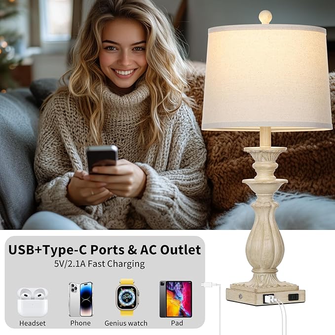 28" Farmhouse Table Lamps Set of 2 for Living Room, 3 Way Dimmable Bedside Lamp with USB C+A Ports & AC Outlet, Resin Vintage Tall Nightstand Lamps for Bedroom Office Hallway, Beige - Bloomnest