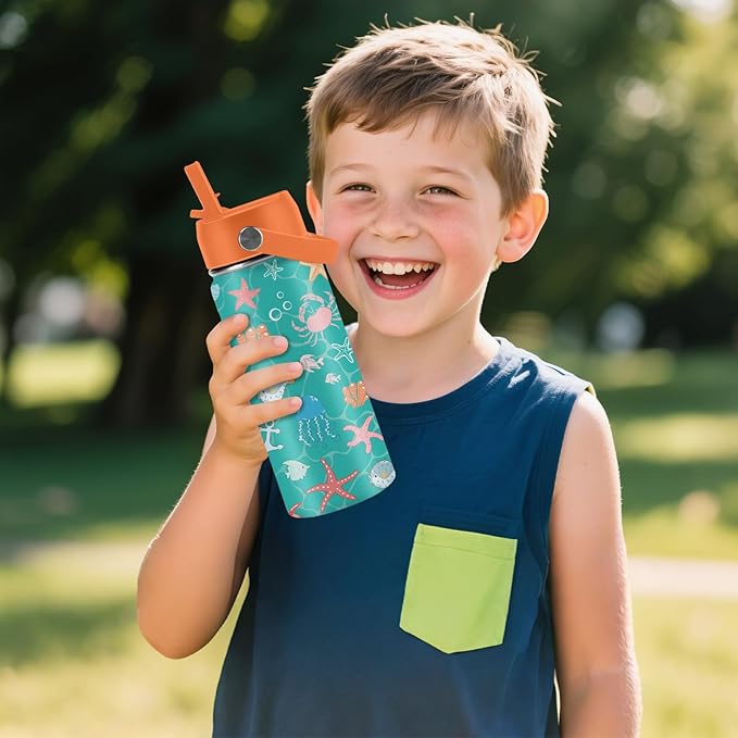 Ocean Gifts for Kids - 16 Oz Green Water Bottle with Straw Lid, Stainless Steel Insulated Tumbler, Leak Proof, BPA-Free, for Girls & Boys, School, Beach - Marine Life Lovers Birthday Gifts (1pc) - Bloomnest